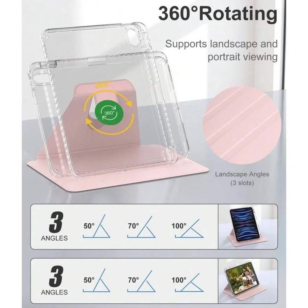 iPad Air 11 M4 Case Pink 360 Rotating Stand Folio Clear Back Cover 2024 11-inch